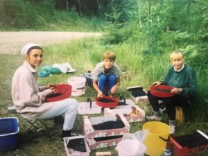 Женская часть компании чистит и фасует чернику в лесу. Женская часть компании чистит и фасует чернику в лесу.