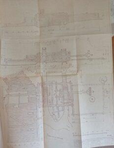 Чертеж водяной мельницы д. Семеновское: фасад, разрез, план.