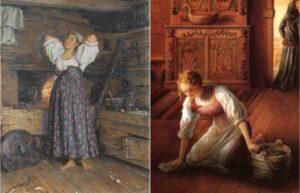 Девушка моет пол в избе Уборка в избе, девушка моет пол в избе