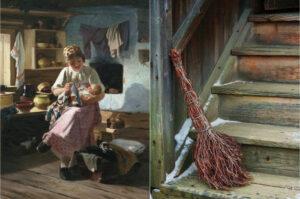 Девушка с ребенком у печки Печка в избе