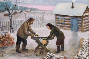 Жители деревни пилят дрова Жители деревни пилят дрова