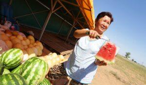 Женщина режет арбуз Женщина режет арбуз