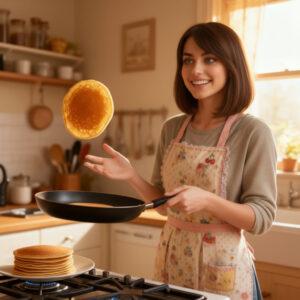 Алиса Селезнёва подкидывает блинчик на сковороде