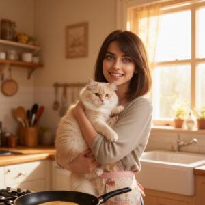 Алиса Селезнёва с котом на кухне