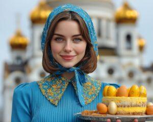 Алиса Селезнёва на фоне храма Христа Спасителя с Пасхальным куличом и крашеными яйцами